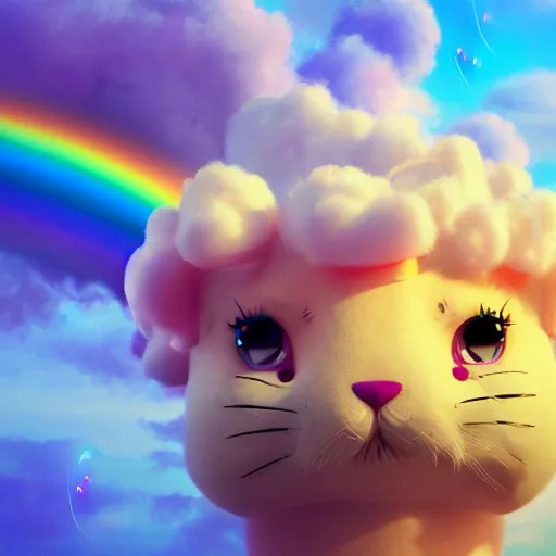 Prompt: cutest huge fantasy cloud animal, with sprouting rainbow hair, hd, japanese anime artist drawn, dlsr, dream animal cute eyes, trending on artstation, cotton candy, octane render, cinematic