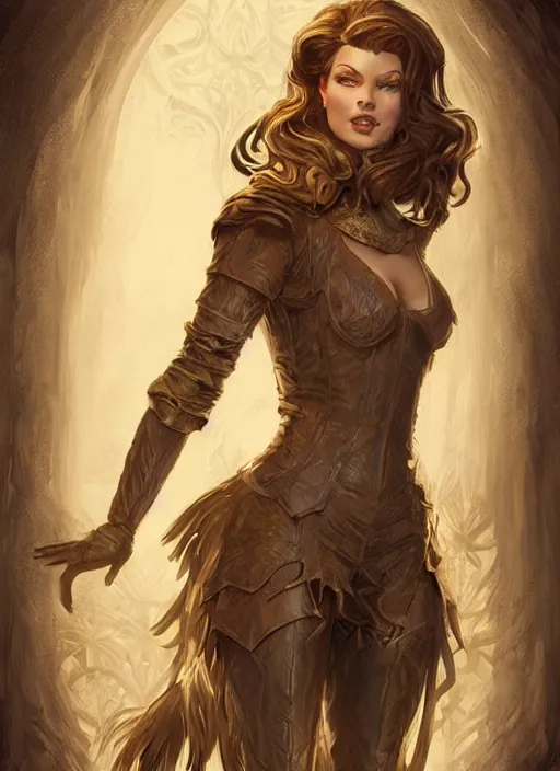 Image similar to beautiful female dorothy gale, rebecca romijn as dorothy, full body character concept, covered in full leather armor, art nouveau, super powers, fantasy, intricate, elegant, highly detailed, digital painting, artstation, concept art, shining, sharp focus, illustration, art by stanley lau