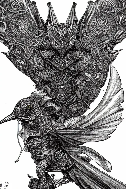 Image similar to armoured warrior hummingbird monster, symmetrical, highly detailed, digital art, hummingbird themed armour, sharp focus, trending on art station, kentaro miura manga art style