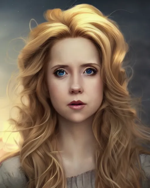 Image similar to happy whimsical jenna fischer cleric, long blonde wind swept hair, ethereal, dreamy, backlit, highly detailed, stern expression, realistic lighting, sharp focus, windswept, rule of thirds, symmetrical facial features, by artgerm, wlop, rossdraws, frank frazetta, andrei riabovitchev, trending on artstation, hd, 4 k, fantasy