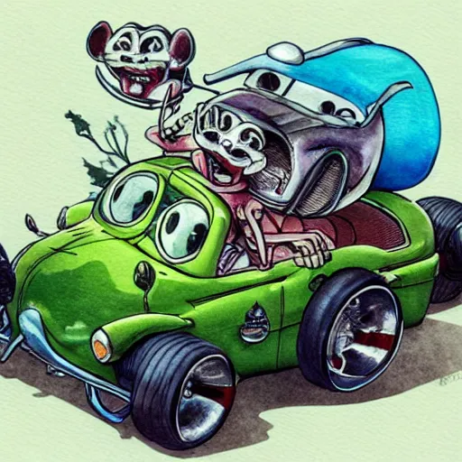 Image similar to racoon riding in a tiny hot rod coupe with oversized engine, ratfink style by ed roth, centered award winning watercolor pen illustration, by chihiro iwasaki, edited by range murata