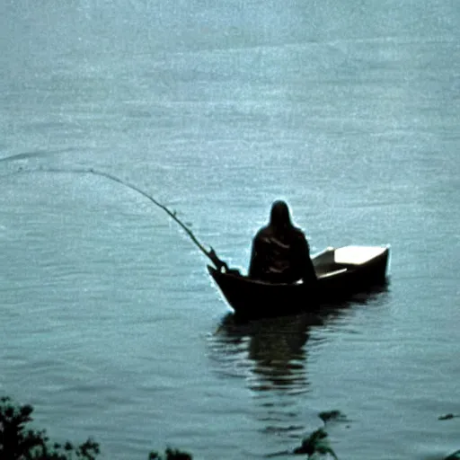 Prompt: alien is fishing on a boat in the middle of the lake, top secret style, 1 9 6 0 s, color