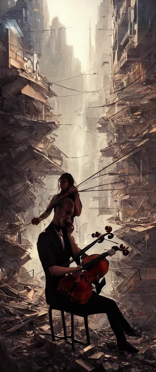 Prompt: a highly detailed portrait of a singular cellist playing in the rubble of a fallen building in a cyberpunk city, beautifully lit, concept art, sharp focus, in the style of steve argyle and edward hopper, artstation HD, artgerm, octane render