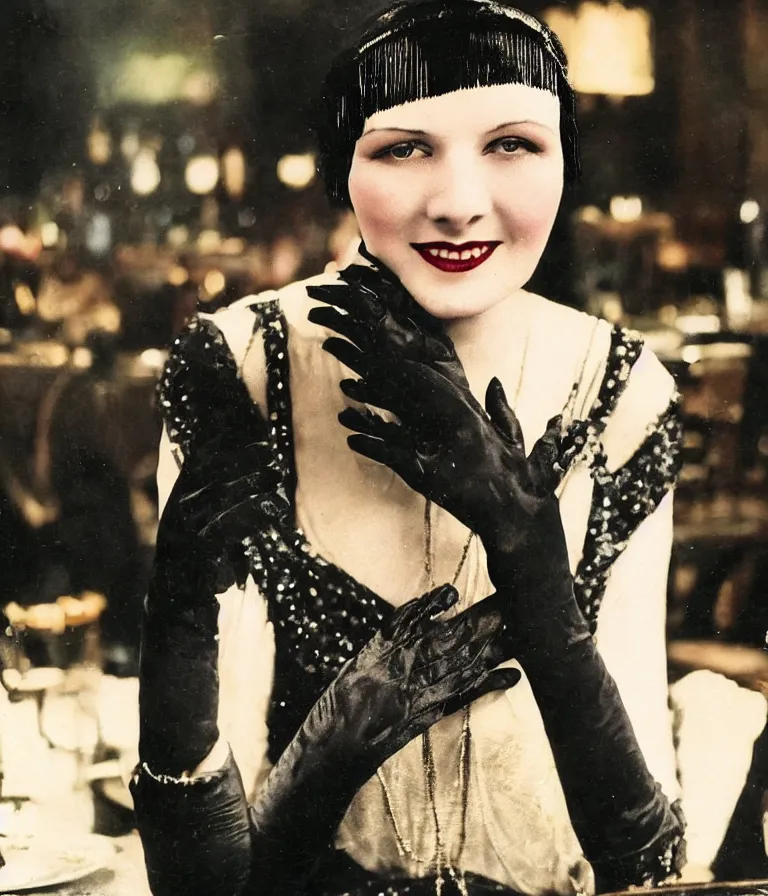Image similar to close - up antique grainy colored photo of a 1 9 2 0 s short - haired flapper woman in black satin gloves sitting at a table and smirking seductively at the camera. in the background there is a crowded party in a dimly lit speakeasy lounge, jazz age, cohesive, 5 0 mm photography, precise, cinematic, low - lighting, photography