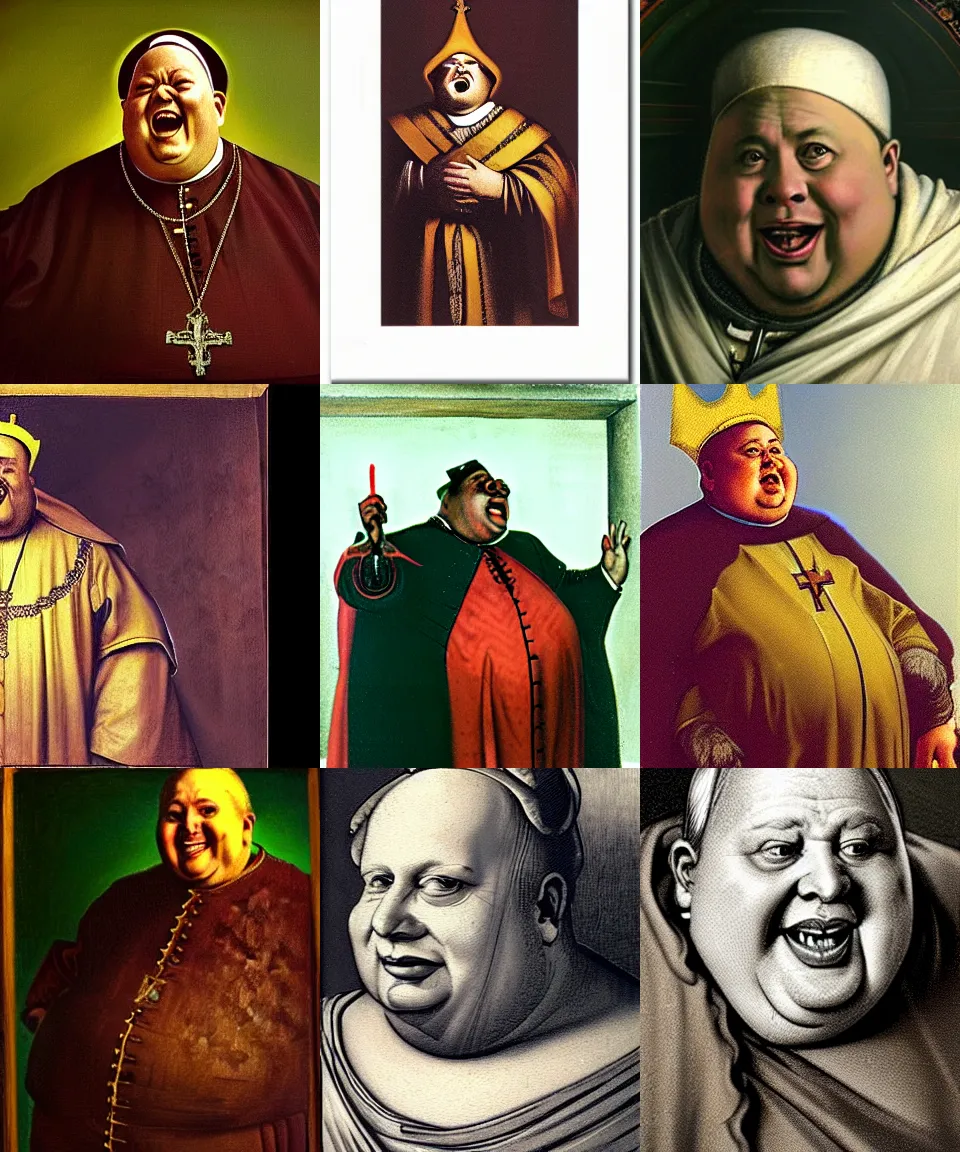 Prompt: half body shot, portrait of a morbidly obese, evil, laughing radioactive archbishop, hyper realistic, wearing a big catholic mitre, intrincate details. luxurious clothes with the nuclear symbol, classic painting. realism, rembrandt, van lieven, dramatic lighting