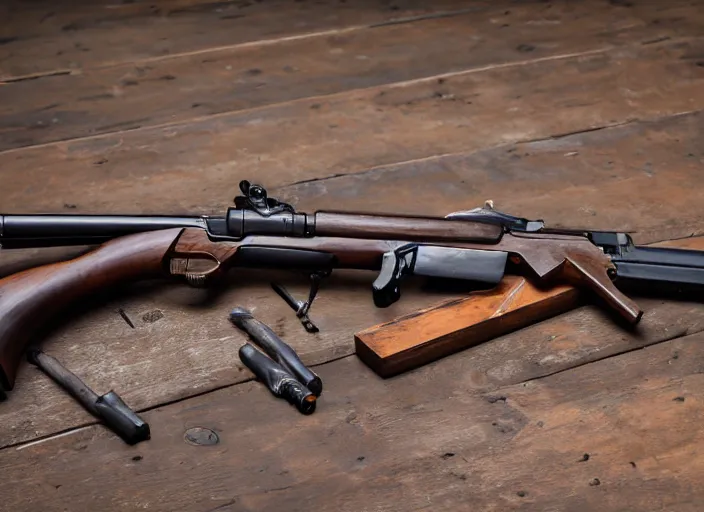 Image similar to Product photo of muzzleloaded flintlock AK47 from the site grabAgun, laid on a table, white background, ((((postapocalyptic)))). professional product photography, ((gunsmithing)), top down photo, 4k. high quality