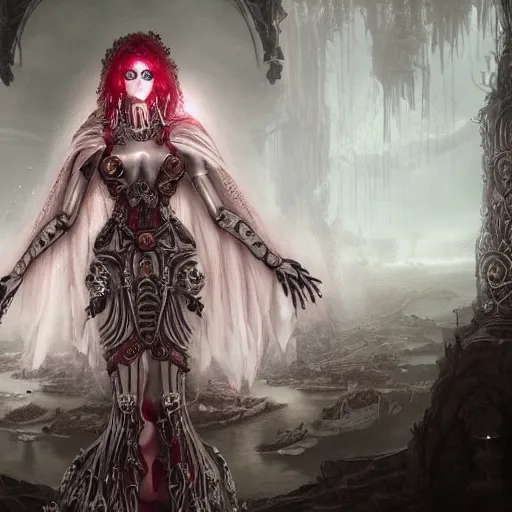 Image similar to female gothic robots with human organ and blood, dressed in white intricate lace, veils and jewels, epic environment, matte painting, diffused lighting, highly detailed, cinematic, epic atmosphere, digital art, trending on artstation, wide angle