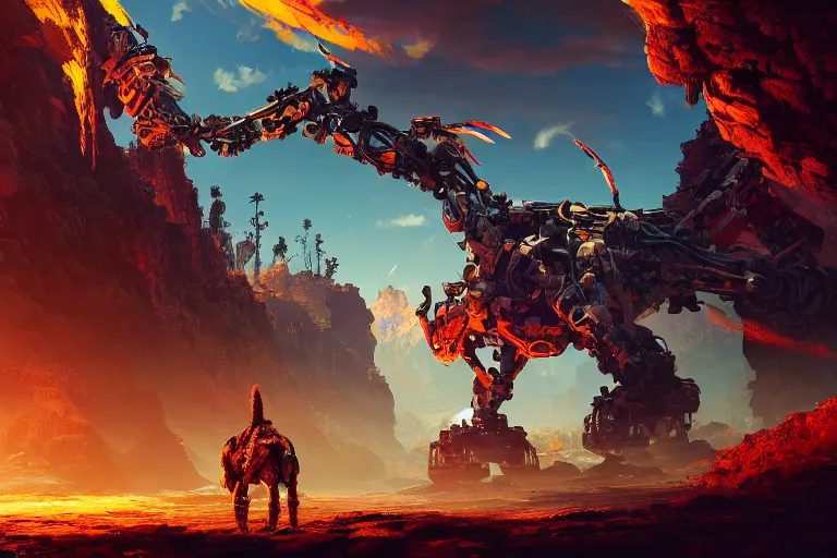 Image similar to fireclaw machine mecanical creature robot of horizon forbidden west horizon zero dawn bioluminiscence global illumination ray tracing hdr fanart arstation by ian pesty and alena aenami artworks in 4 k