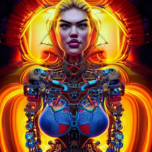 Prompt: Portrait of Kate Upton wearing epic bionic cyborg implants of different vibrant colors, detailed intricate ornate cables connected to head, portrait front face reference, by Dan Mumford and Naoto Hattori, extremely beautiful and proportionate, masterpiece, intricate, highly detailed, digital painting, Matrix Theme, artstation, concept art, crepuscular rays, smooth, sharp focus, illustration, background made from fractals of vibrant universe stars, cyberpunk colors, volumetric lighting, art by artgerm and james jean and Nick Sullo