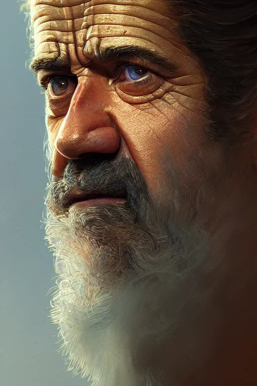 Image similar to ultra detailed close up facial portrait of mel gibson, extremely detailed digital painting, in the style of fenghua zhong and ruan jia and jeremy lipking and peter mohrbacher, mystical colors, rim light, beautiful lighting, 8 k, stunning scene, raytracing, octane, trending on artstation