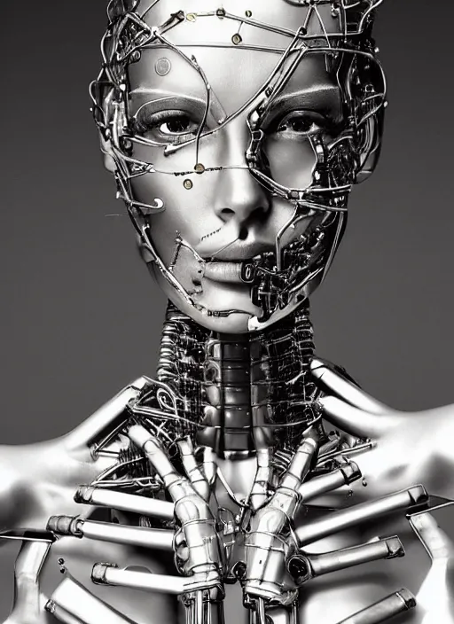 Prompt: beautiful young cybernetic woman, body metal skin complicated robotics, half human, half robotic, cyborg, art by mario sorrenti