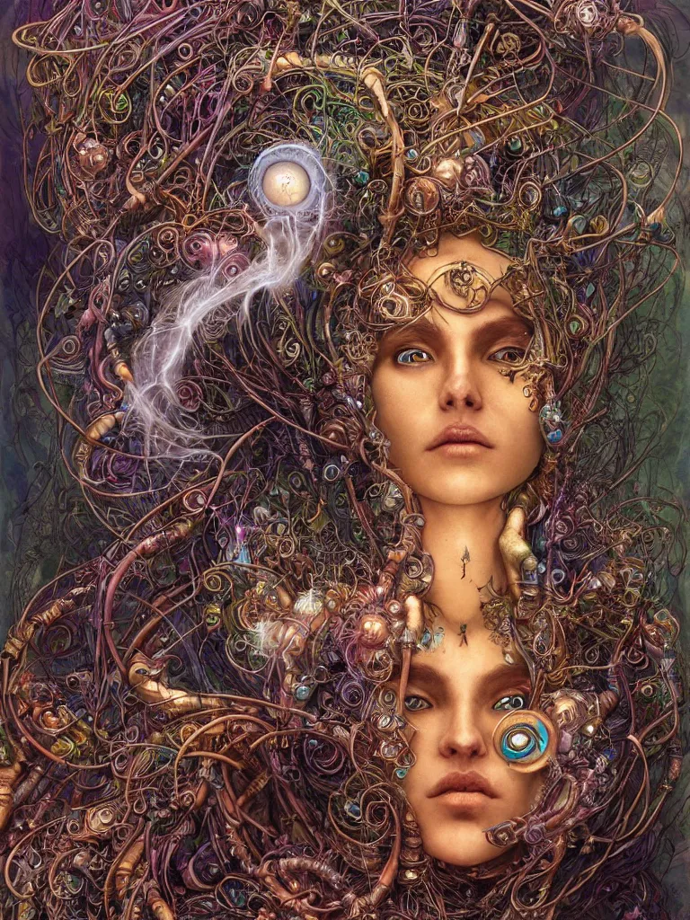 Image similar to an ancient mystical alluring female shaman generating flowing energy and surrounded by wisps of incense smoke meditating in a cybernetic robot temple , face face face, by android jones and brian froud