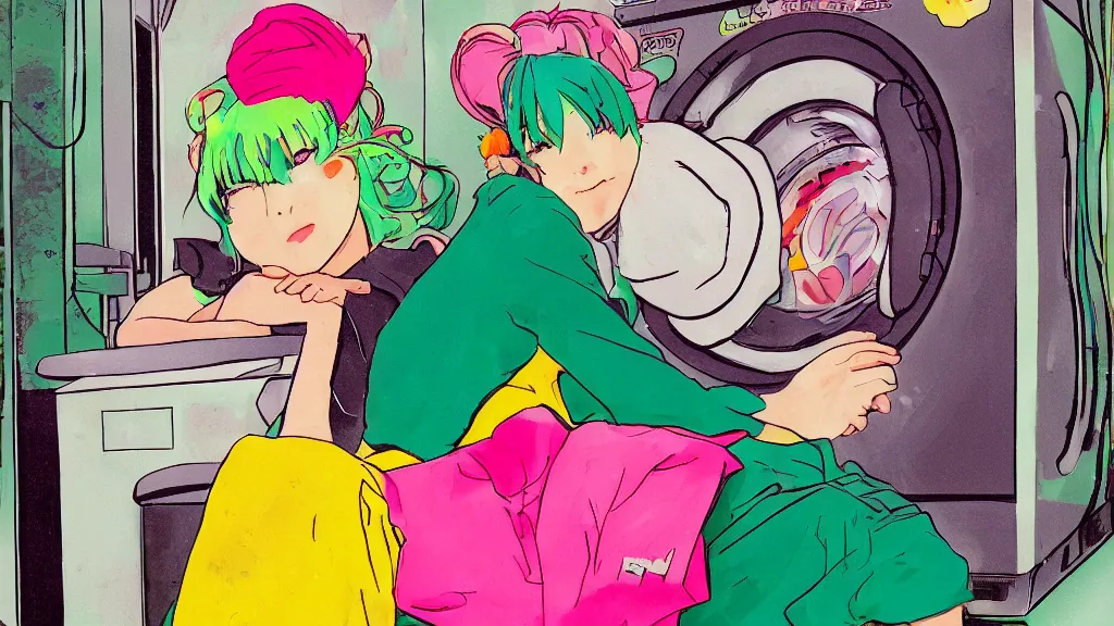 Image similar to a girl with green hair sitting on top of a washing machine in a laundromat in the style of Tsuguharu Fujita, pink yellow red and green