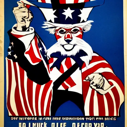 Image similar to fox animal dressed as uncle sam, ww 2 style propaganda poster