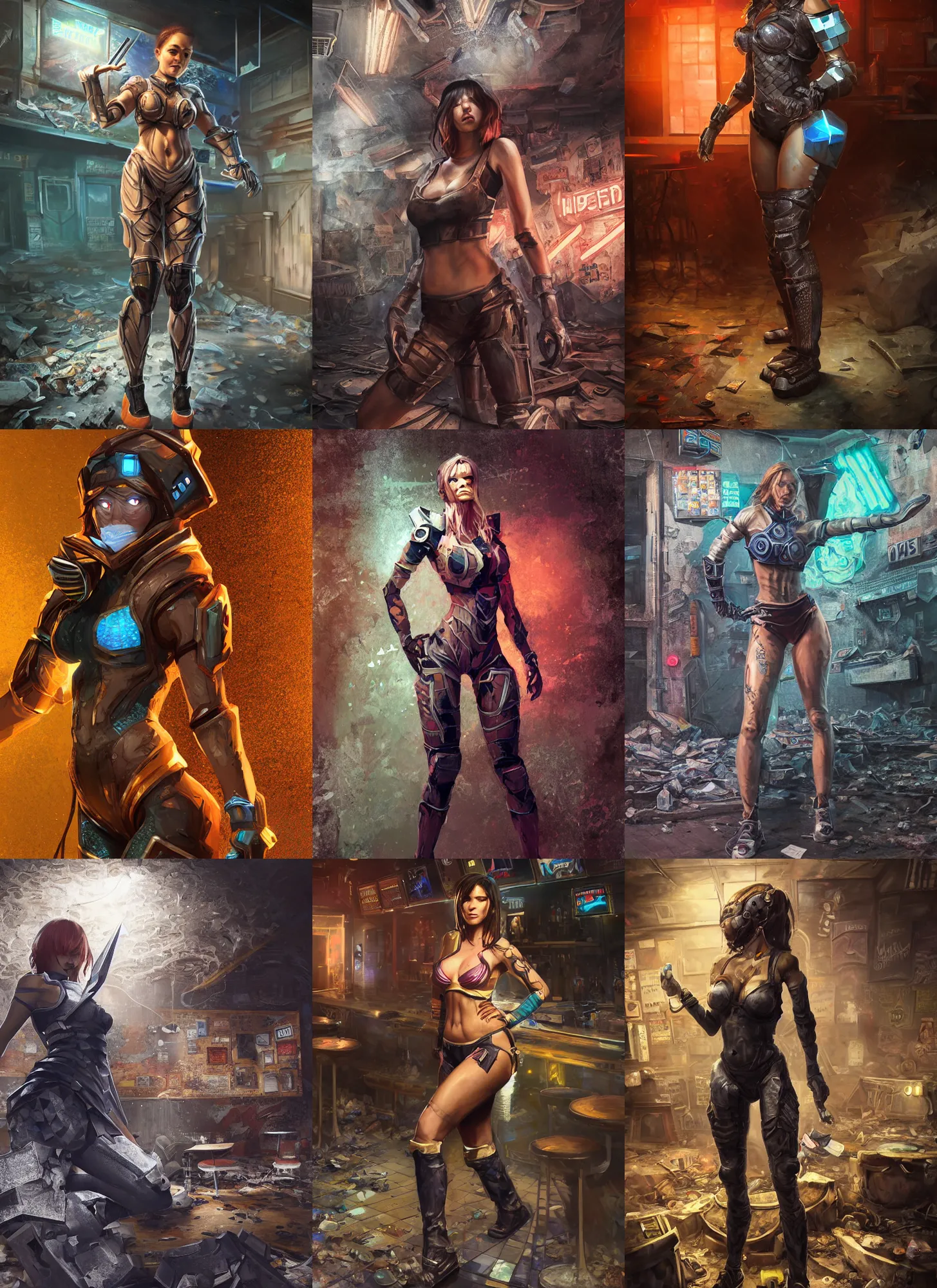 Prompt: hyper detailed ultra sharp full body character portrait of a woman in hextech armor standing in a destroyed dive bar doing an action pose, with a realistically proportioned face, cinematic lighting, good value control, smooth, realistic shading, realistic face details, smooth, highly detailed, digital painting, painted texture maps, illustration, painted texture maps, substance painter