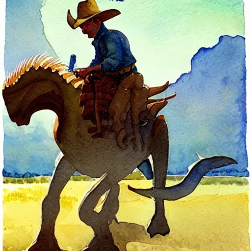 Image similar to a watercolor painting of a cowboy riding a dinosaur in the style of n. c. wyeth and in the style of james gurney.