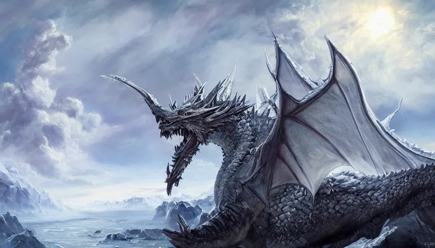 Prompt: epic ice dragon in a nordic landscape under bright daylight with fluffy clouds, set in the words of the Forgotten Realms and Guildwars2, painted by Hans Fredrik Gude, Greg Rutkowksi and Artgerm, concept art 2022, ultra realistic masterpiece, contrasting details vs blank areas, oil on canvas