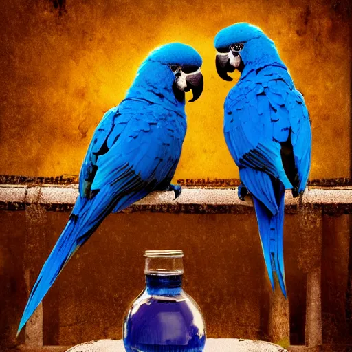 Image similar to blue parrots emerging from fluids mixing, atmospheric liquids, ornate intricate, hyper realistic, 16k, post processing, saturated blue colors, nature background