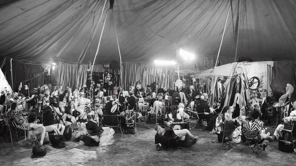 Image similar to of a gang of circus clowns, drinking alcohol, inside a circus tent