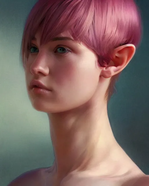 Prompt: portrait of pink short haired half elf with bangs, intricate, elegant, highly detailed, my rendition, digital painting, artstation, concept art, smooth, sharp focus, illustration, art by artgerm and greg rutkowski and alphonse mucha and uang guangjian and gil elvgren and sachin teng and wlop, symmetry!!