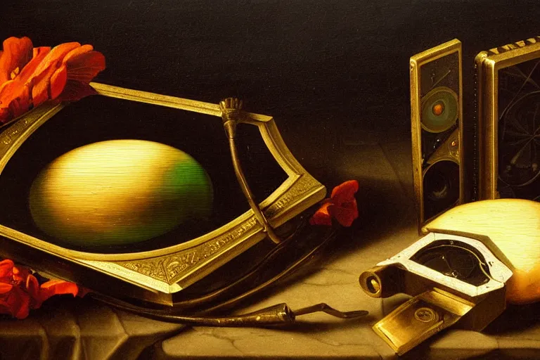 Image similar to a vanitas painting depicting an NVIDIA RTX A100 GPU, graphics card