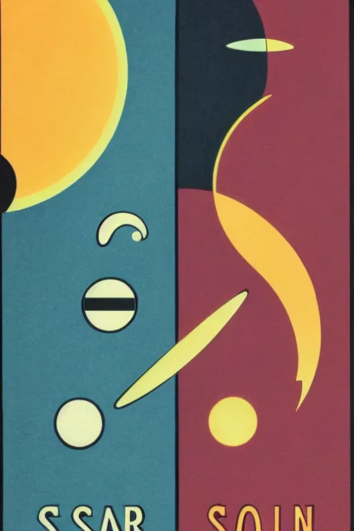 Prompt: poster of the sun and the moon, 1 9 5 0 s style, futuristic design, dark, symmetrical, washed out color, centered, art deco, 1 9 5 0's futuristic, glowing highlights, intense