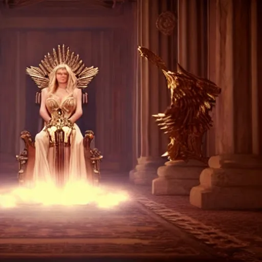 Image similar to cinematic scene with elisha cuthbert in a throne room dressed as the goddess of war, dramatic, small details, volumetric lighting