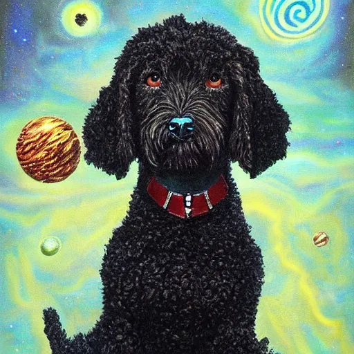 Prompt: a small black labradoodle in space depicted as an elder god. award - winning. oil painting. cute. surreal.