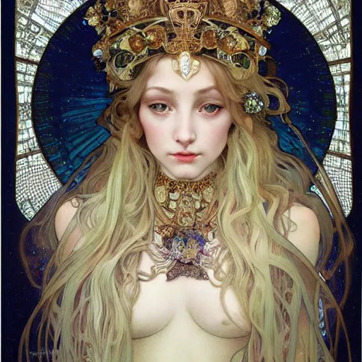 Prompt: realistic detailed face portrait of the beautiful young Queen of Precious Stones with a crown made of crystal points by Alphonse Mucha, Ayami Kojima, Amano, Charlie Bowater, Karol Bak, Greg Hildebrandt, Jean Delville, and Mark Brooks, Art Nouveau, Neo-Gothic, gothic, Tarot card, rich deep moody colors