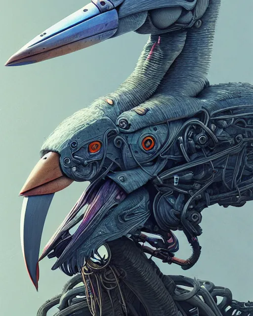 Image similar to portrait of shoebill - stork - mecha - carrion crawler, intricate abstract. intricate artwork, by tooth wu, wlop, beeple, dan mumford. concept art, octane render, trending on artstation, greg rutkowski very coherent symmetrical artwork. cinematic, key art, hyper realism, high detail, octane render, 8 k, iridescent accents