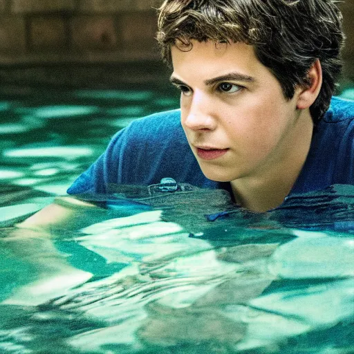 Image similar to a 70mm photograph of percy jackson, sitting and contemplating underwater