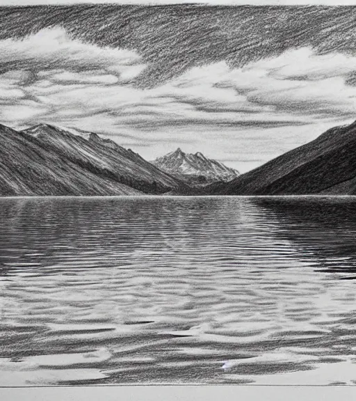 Prompt: a drawing of lago di sorapis, in the style of den yakovlev, black and white, hyper realistic, highly detailed