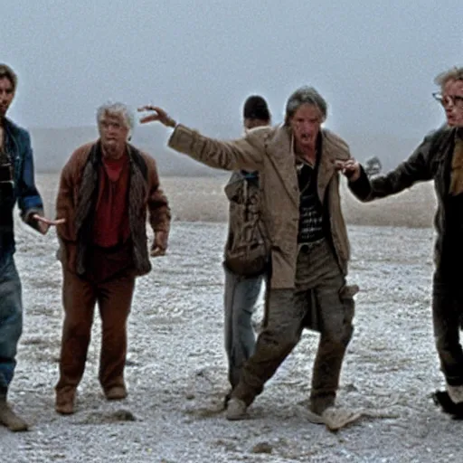 Prompt: four men dancing in a postapocalyptic wasteland, movie still, Spielberg, Cronenberg, Takashi Miike, Wes Craven - n 9