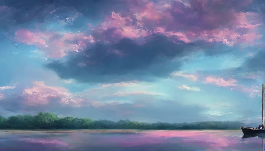 Image similar to a garden gnome sails across a pond in a bucket, dramatic pink clouds, blue sky, jessica rossier, art station