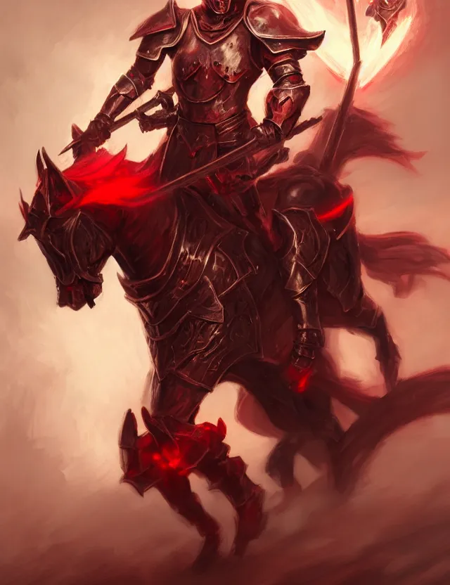 Image similar to a masked knight in crimson armour mounted on a spectral horse, holding a glowing red battle staff, by frank fazetta and peter mohrbacher, trending on artstation, digital art, 4 k resolution, detailed, high quality, hq artwork, coherent, insane detail, concept art, character concept, character full body portrait