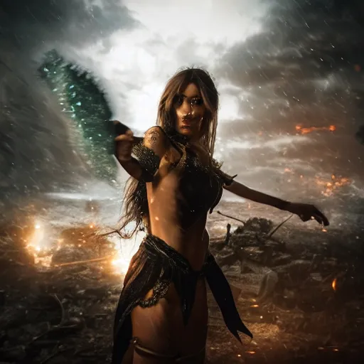 Image similar to beautiful sorceress girl in full battle gear, casting a spell, in a destroyed city, moody lighting, 8 k, shallow depth of field, cinematic lighting,