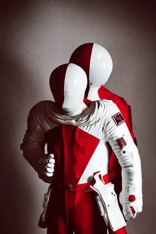 Prompt: photography of red and white space suits designed for knights templar by rick owens, with the knights templar cross logo, golden linings, heroic posing, photo shoot, by annie leibovitz, sigma 85mm 1.4, glows, sharp, high contrast