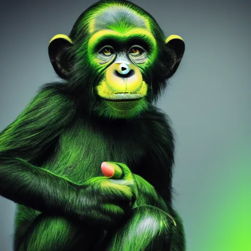 Prompt: a high quality photo of a green chimp wearing headphones, realism, 8k