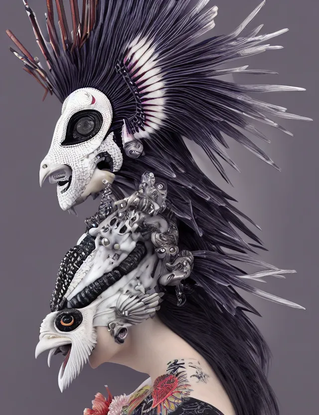 Image similar to 3 d goddess close - up profile portrait punk with mohawk with ram skull. beautiful intricately detailed japanese crow kitsune mask and clasical japanese kimono. betta fish, jellyfish phoenix, bio luminescent, plasma, ice, water, wind, creature, artwork by tooth wu and wlop and beeple and greg rutkowski