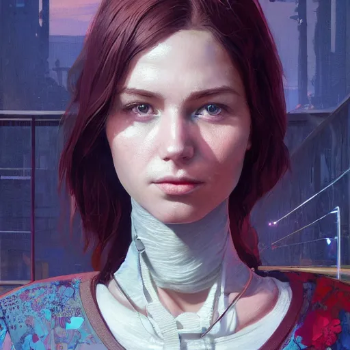 Image similar to highly detailed portrait of a woman with robot face in gta v, stephen bliss, unreal engine, fantasy art by greg rutkowski, loish, rhads, ferdinand knab, makoto shinkai and lois van baarle, ilya kuvshinov, rossdraws, tom bagshaw, global illumination, radiant light, detailed and intricate environment