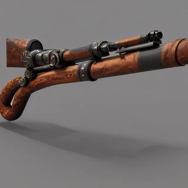 Image similar to wrought - iron cannon gun arquebus with wooden intarsia grip ( ( and telescopic sight ) ), unreal engine, 8 k render