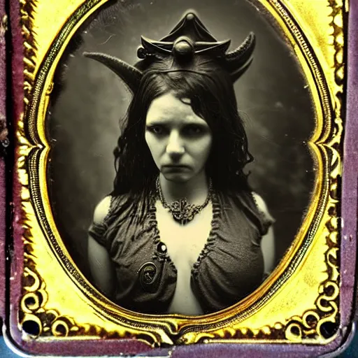 Image similar to tintype ambrotype daguerreotype of a cthulhu priestess adorned in occult jewelery with tentacle hair. emerging walking out of a baroque frame. striking face.