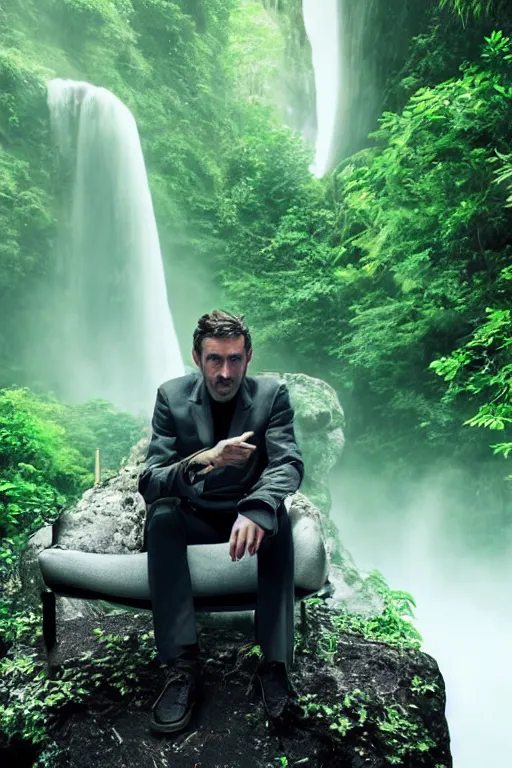 Image similar to movie closeup young man with a grey beard in a cyberpunk suit sitting on a futuristic chair at the edge of a jungle waterfall by emmanuel lubezki