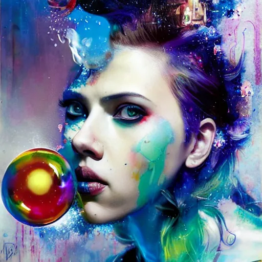 Image similar to scarlett johansson as delirium from sandman, ( hallucinating colorful soap bubbles ), by jeremy mann, by sandra chevrier, by dave mckean and richard avedon and maciej kuciara, punk rock, tank girl, high detailed, 8 k