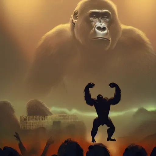 Image similar to a gorilla performing on stage at Coachella, dramatic lighting, illustration by Greg rutkowski, yoji shinkawa, 4k, digital art, concept art, trending on artstation