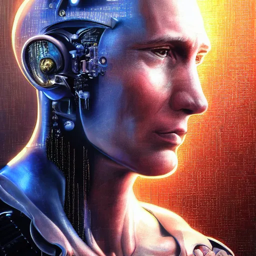 Image similar to hyperrealistic mixed media portrait of a Robot of Vladimir Putin forward angle, stunning 3d render inspired art by P. Craig Russell and Barry Windsor-Smith + perfect facial symmetry + dim volumetric lighting, 8k octane beautifully detailed render, post-processing, extremely hyperdetailed, intricate futuristic mechanic parts, epic composition, grim yet sparkling atmosphere, cinematic lighting + masterpiece, trending on artstation