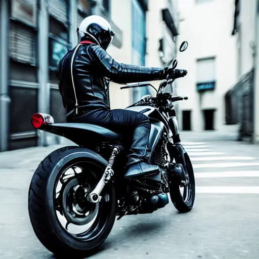 Prompt: a black honda cmx 5 0 0 rebel motorcycle, ridden by a metallic cyborg, through the streets of 2 0 5 0 tokyo