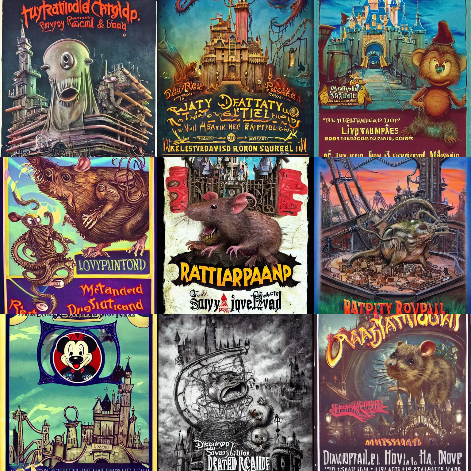 Prompt: dystopian Lovecraftian! ratty Disneyland advertisement showing a smiling! rat family enjoying deadly! and sadistic theme park rides in the style of H.R. Giger