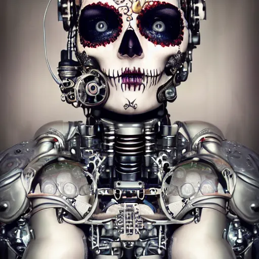 Image similar to a beautiful intricate fine art portrait photo of a a mechanical industrial steampunk cybernetic robot with sugar skull makeup, by tom bagshaw and zach sutton, roses surrounding the robot, perfection!, milk bath photography, studio lighting, 35mm lens, very detailed, bionic, cybernetic scifi, deep depth of field, artstation, 8K, highly coherent