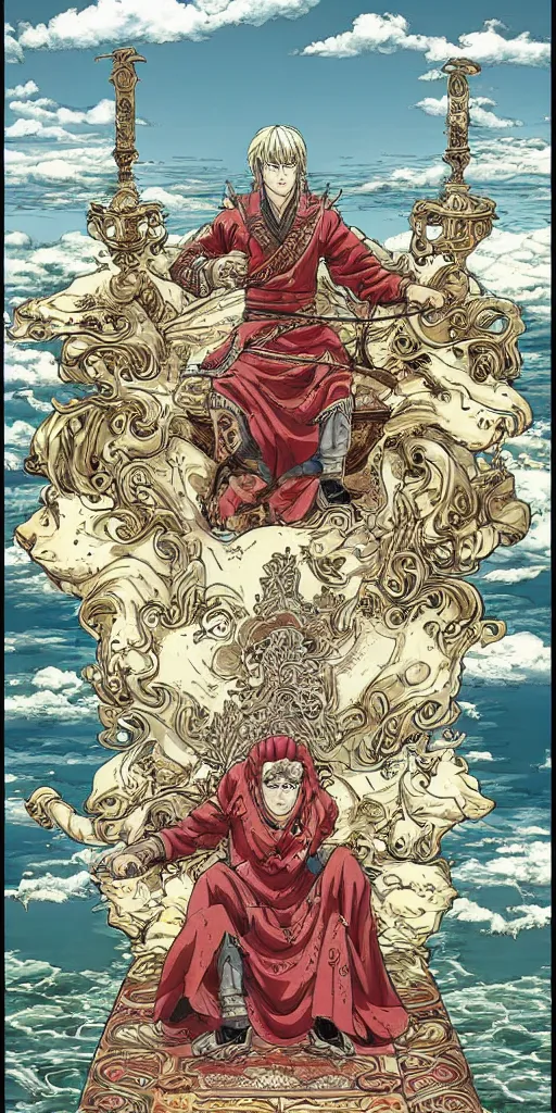 Image similar to a lone emperor sitting on a throne floating on water in the middle of a lake drawn by Makoto Yukimura in the style of Vinland saga anime, full color, detailed, psychedelic, Authority